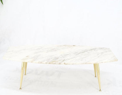 Boat Shape Marble Top Tapered Cone Shape Brass Legs Coffee Table Mint