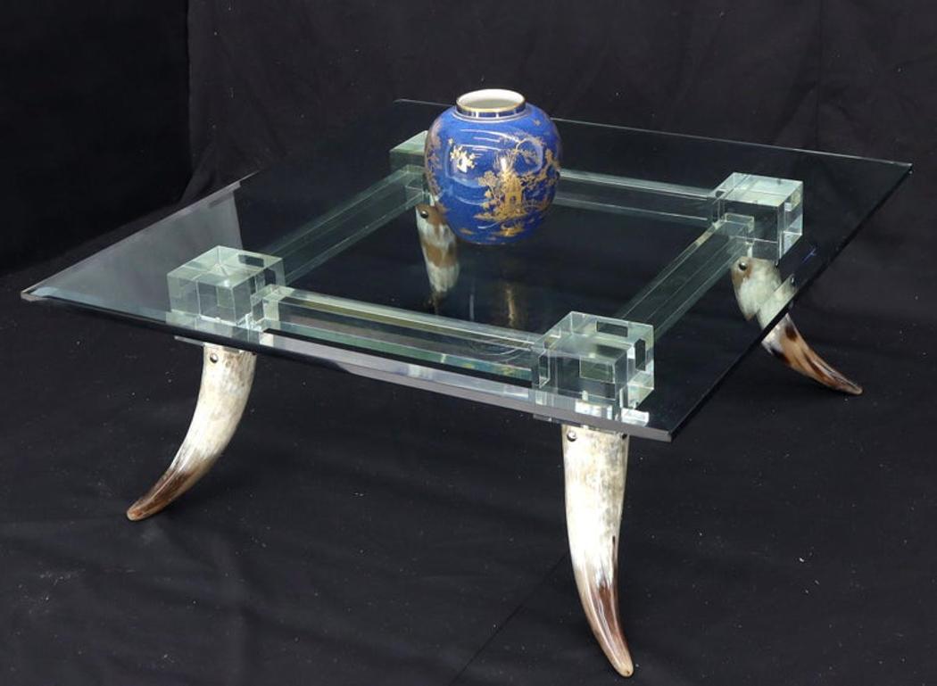 Bull Horns Shaped to Legs Lucite Stretchers Base Square Glass Top Coffee Table