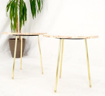 Pair Round Rouge Marble Top Tri Legged Brass Base Mid-Century Modern End Tables