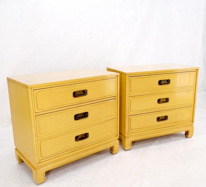 Pair Davis Mid-Century Modern Lemon Yellow Drop Pulls 3 Drawers Bachelor Chests