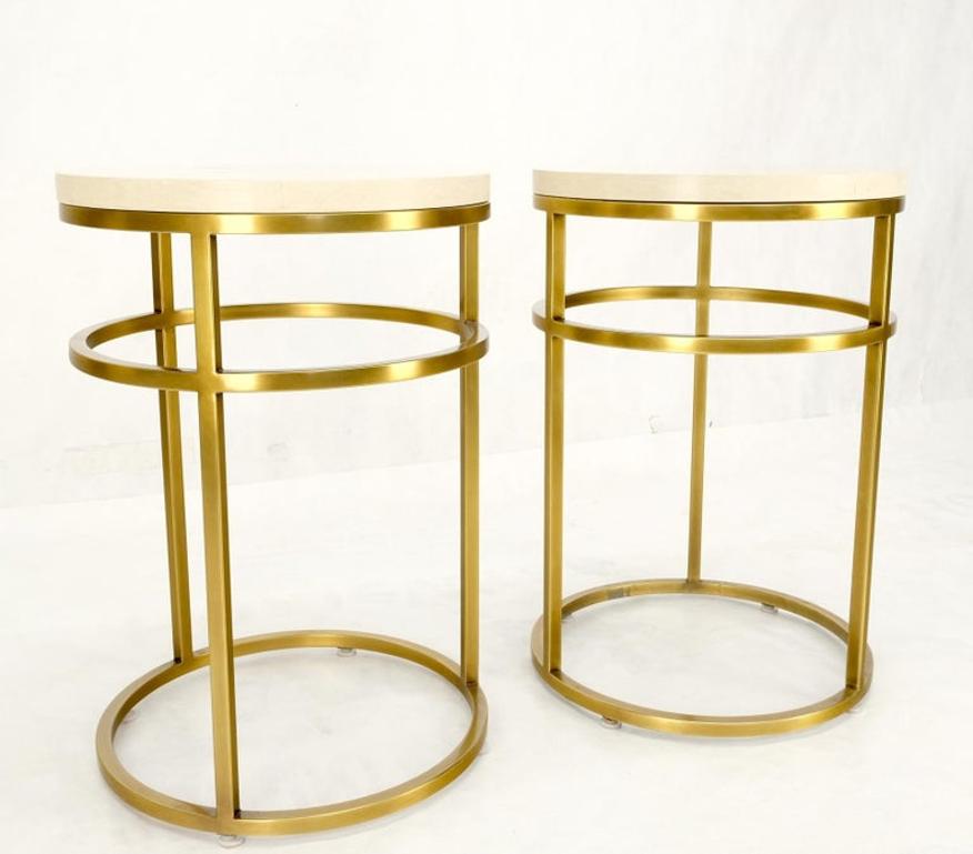 Pair of Round Marble Stone Top Square Brass Profile Base End Side Tables Stands