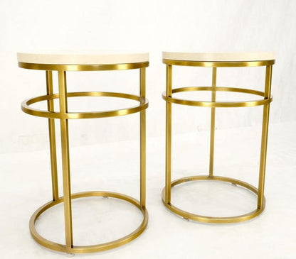 Pair of Round Marble Stone Top Square Brass Profile Base End Side Tables Stands