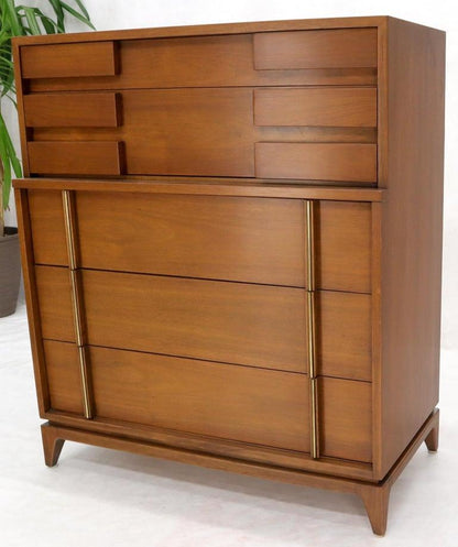 Mid-Century Modern Five Drawers High Chest Dresser with Brass Accents