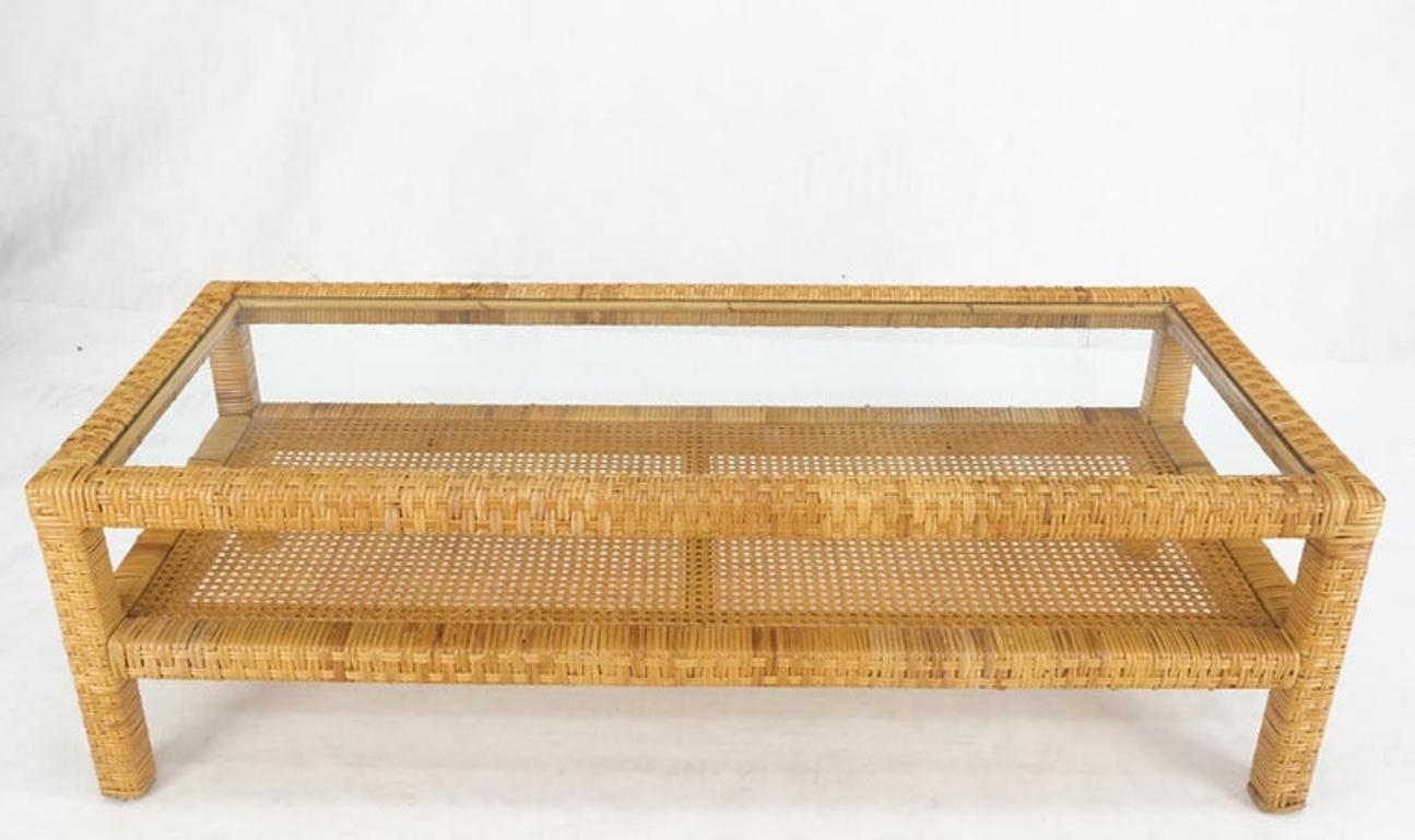 Rectangle Rattan Cane Shelf Glass Top Mid-Century Modern Coffee Table Mint!