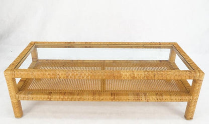 Rectangle Rattan Cane Shelf Glass Top Mid-Century Modern Coffee Table Mint!