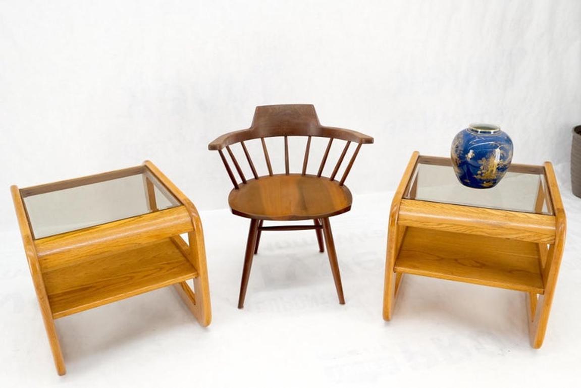 Pair of Mid-Century Solid Oak Smoked Glass Top End Side Tables W Shelves Mint!