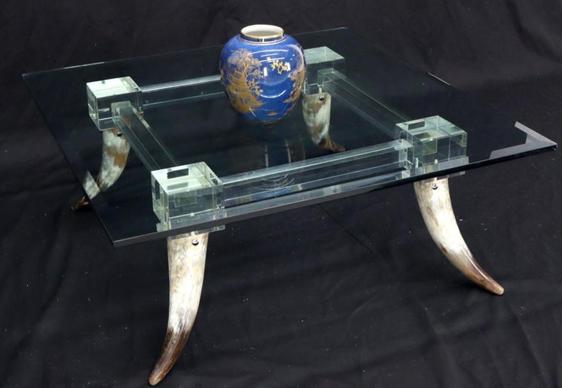 Bull Horns Shaped to Legs Lucite Stretchers Base Square Glass Top Coffee Table