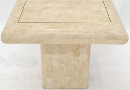 Pair of Square Tessellated Stone Veneer Brass Inlay End Tables Stands