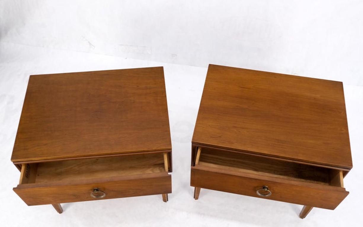 Pair Mid-Century Modern One Drawer End Side Tables Night Stands Brass Ring Pulls