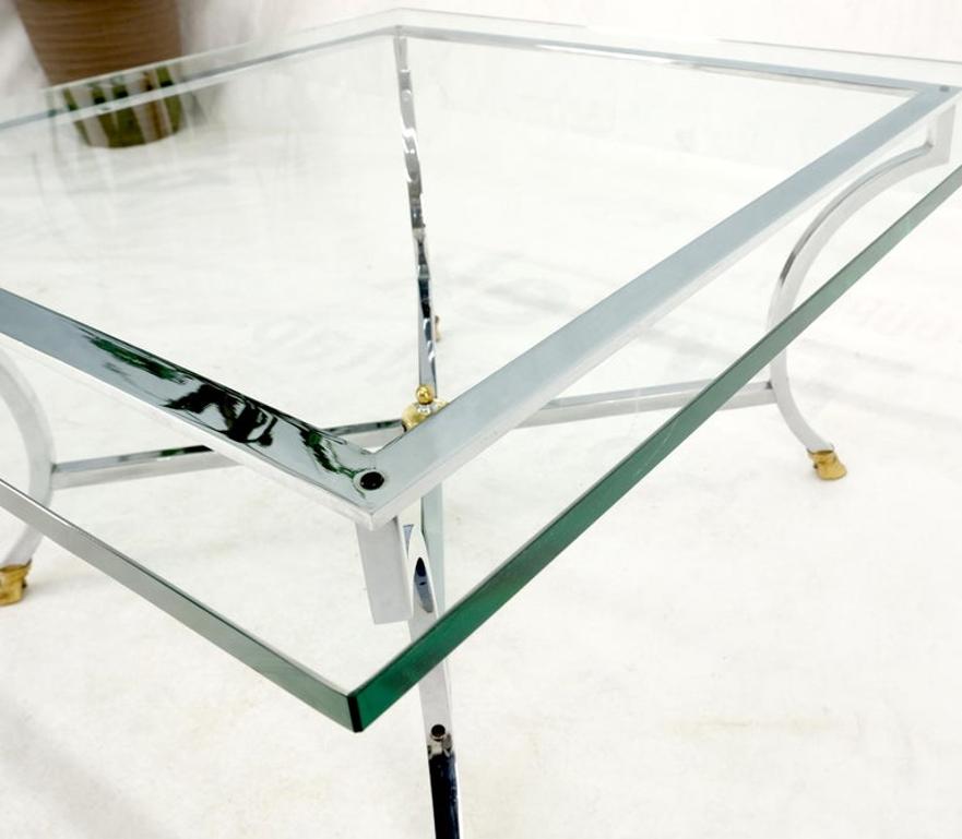 Brass Hoof Feet Polished Chrome Glass Top Square Coffee Table Mid-Century Modern