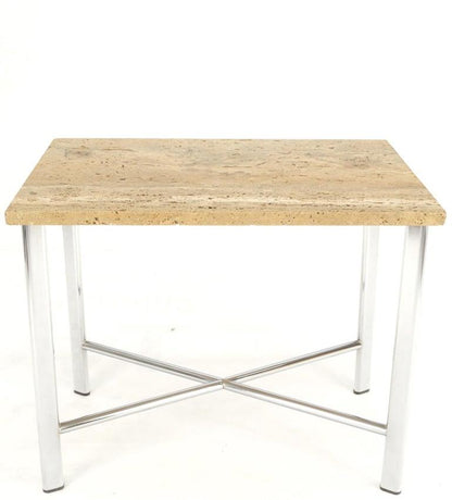 Chrome X Base Travertine Top Mid-Century Modern Rectangle Side End Table Stand