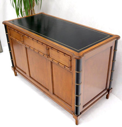 Faux Bamboo Black Leather Top Mahogany Desk with Curved Bottom Doors Compartment
