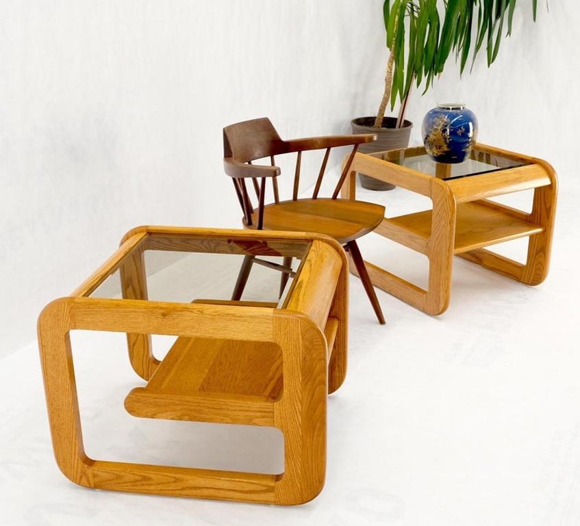 Pair of Mid-Century Solid Oak Smoked Glass Top End Side Tables W Shelves Mint!