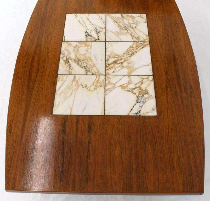 Large Oversize Boat Shape Rosewood & Walnut Coffee Table Brass Inlay Marble Tile