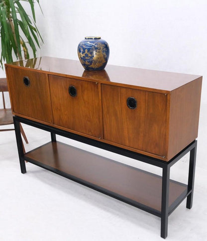 Ebonized Base Walnut Three Doors Mid-Century Modern Credenza Console Cabinet