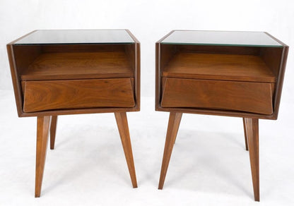 Pair Swedish Mid Century Modern Glass Top Cube Shape End Side Tables NightStands