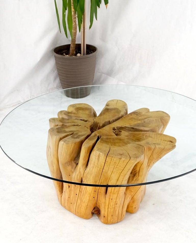 Large Pedestal Natural Blond Wood Tree Stump Base Round Glass Top Coffee Table