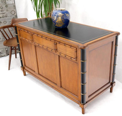 Faux Bamboo Black Leather Top Mahogany Desk with Curved Bottom Doors Compartment