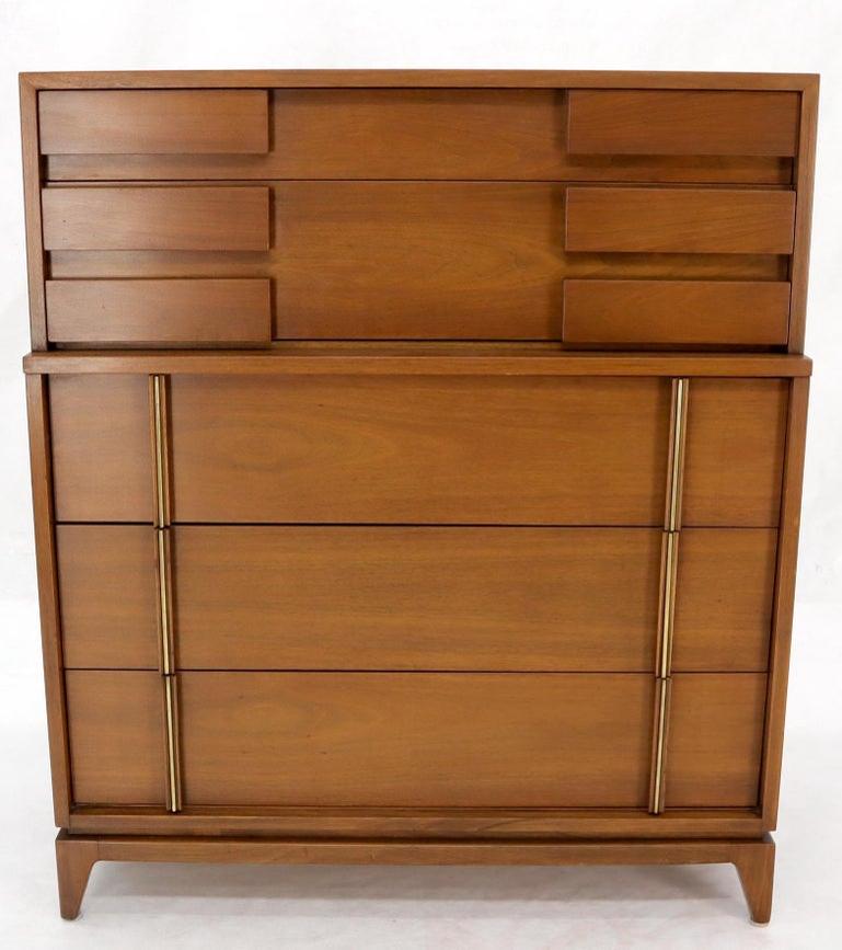 Mid-Century Modern Five Drawers High Chest Dresser with Brass Accents