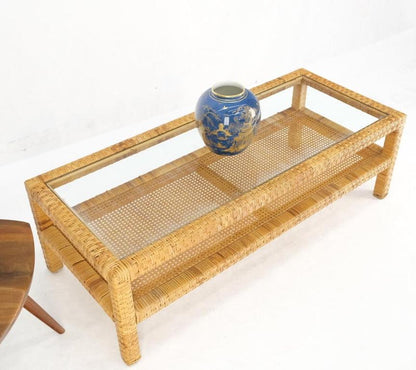 Rectangle Rattan Cane Shelf Glass Top Mid-Century Modern Coffee Table Mint!