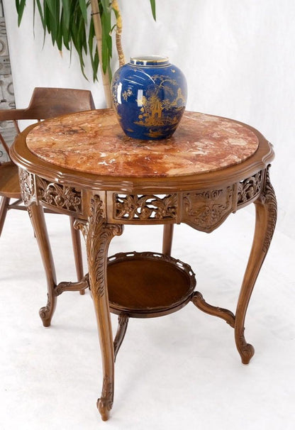 Carved Walnut Rouge Marble Top Lamp Side Occasional Table Stand Pedestal