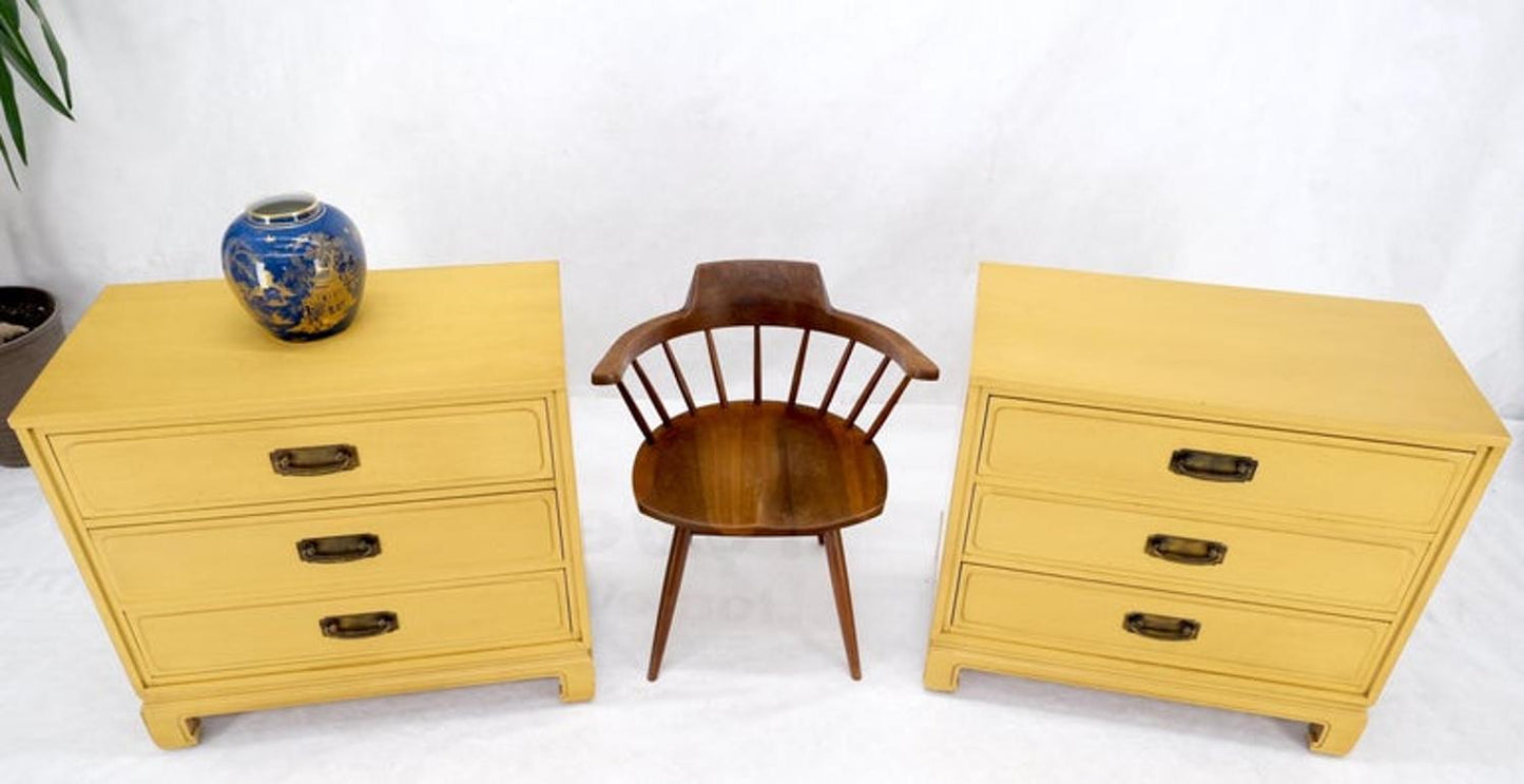 Pair Davis Mid-Century Modern Lemon Yellow Drop Pulls 3 Drawers Bachelor Chests