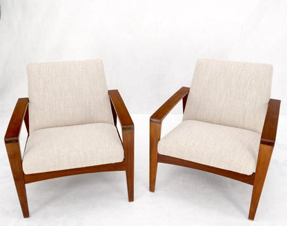 Pair Restored New Oatmeal Upholstery Teak Mid-Century Modern Lounge Arm Chairs