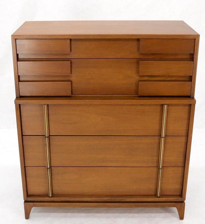 Mid-Century Modern Five Drawers High Chest Dresser with Brass Accents