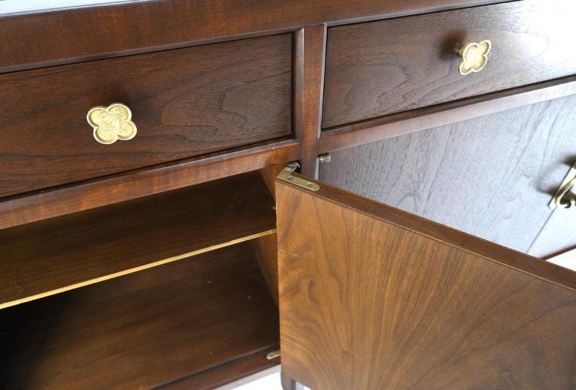 Long Walnut Mid-Century Modern Dresser Credenza w/ Brass Buckle Shape Pulls