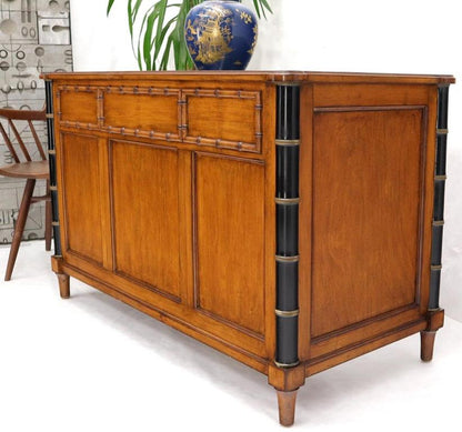 Faux Bamboo Black Leather Top Mahogany Desk with Curved Bottom Doors Compartment