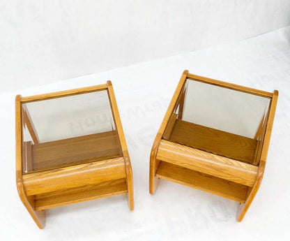 Pair of Mid-Century Solid Oak Smoked Glass Top End Side Tables W Shelves Mint!