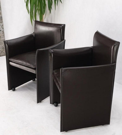Pair of Dark Brown Plum Leather Break Side Chairs Mario Bellini for Cassina Mint