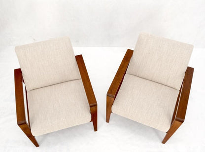 Pair Restored New Oatmeal Upholstery Teak Mid-Century Modern Lounge Arm Chairs