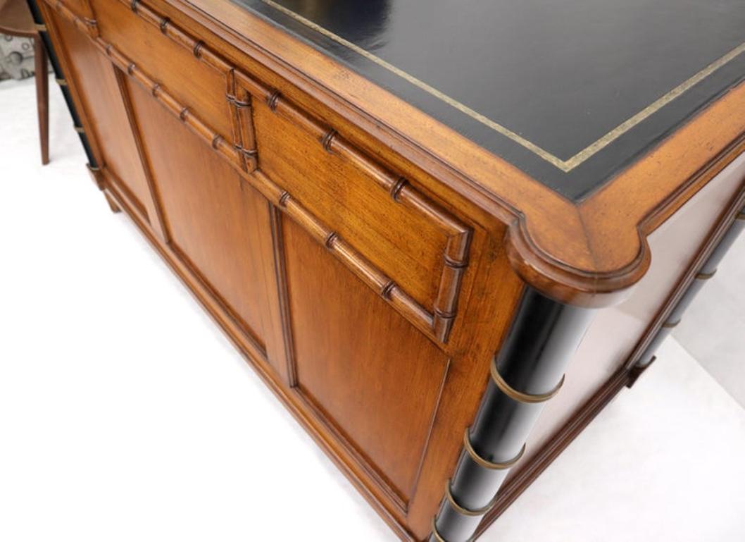 Faux Bamboo Black Leather Top Mahogany Desk with Curved Bottom Doors Compartment