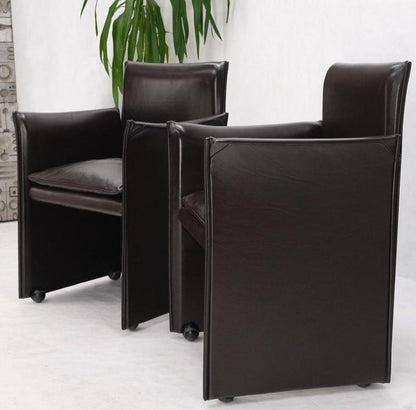 Pair of Dark Brown Plum Leather Break Side Chairs Mario Bellini for Cassina Mint
