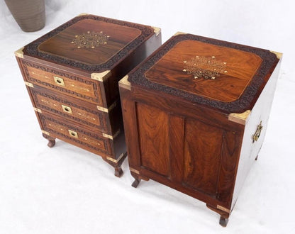 Pair 3 Drawer Solid Rosewood Campaign Style Brass Inlay Decorated Night Stands