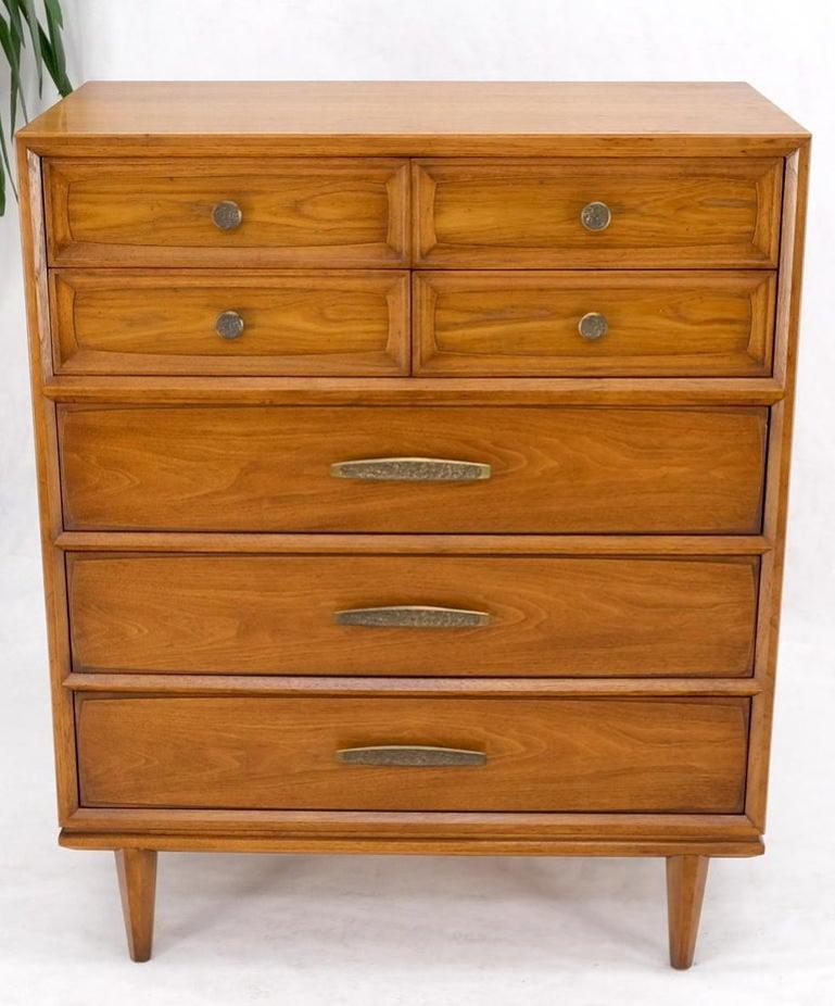 Light Walnut Hammered Brass Pulls 5 Drawer Chest of Drawers Dresser Mint