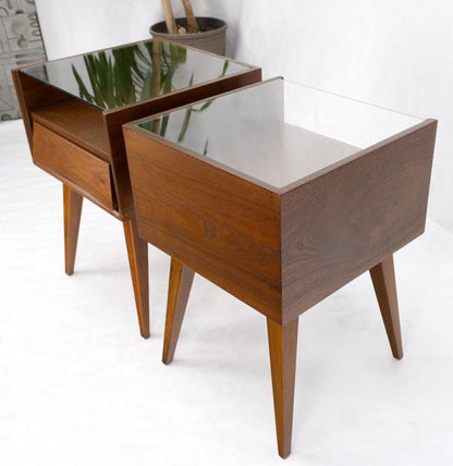 Pair Swedish Mid Century Modern Glass Top Cube Shape End Side Tables NightStands