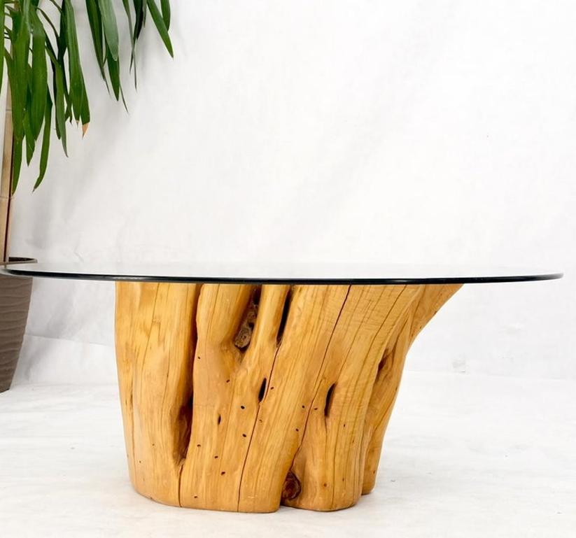 Large Pedestal Natural Blond Wood Tree Stump Base Round Glass Top Coffee Table