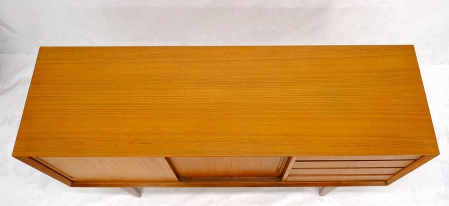 Danish Mid-Century Modern Teak Low 4 Drawers Sliding Doors Compartment Credenza