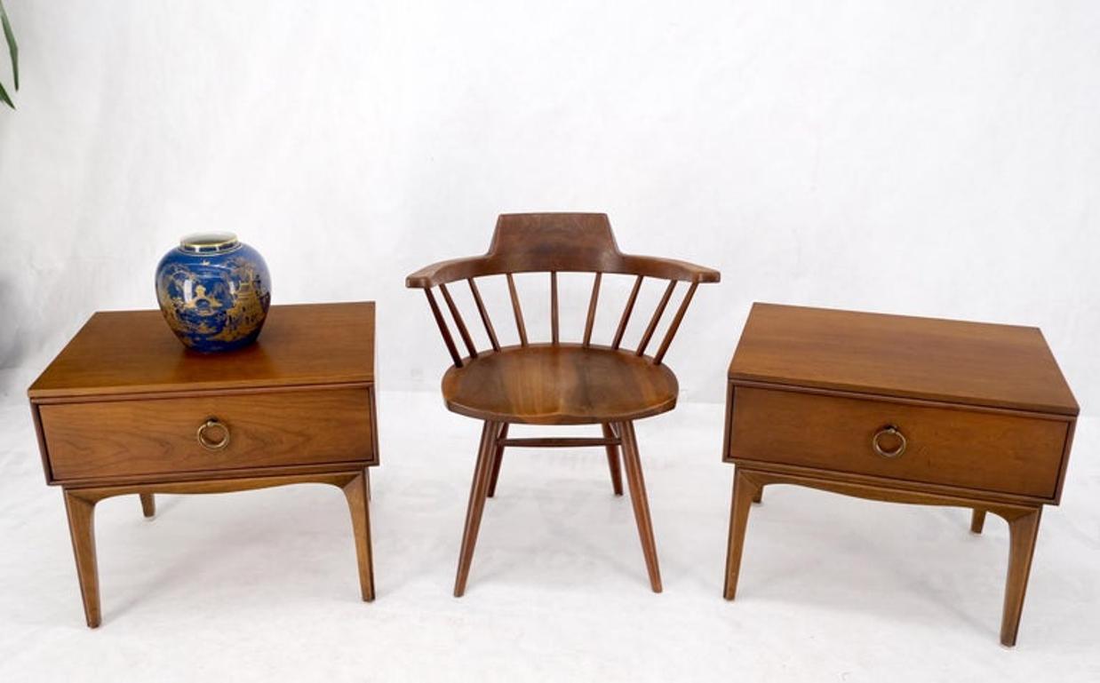 Pair Mid-Century Modern One Drawer End Side Tables Night Stands Brass Ring Pulls