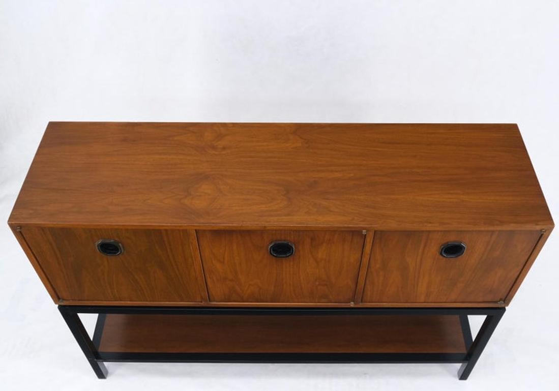 Ebonized Base Walnut Three Doors Mid-Century Modern Credenza Console Cabinet