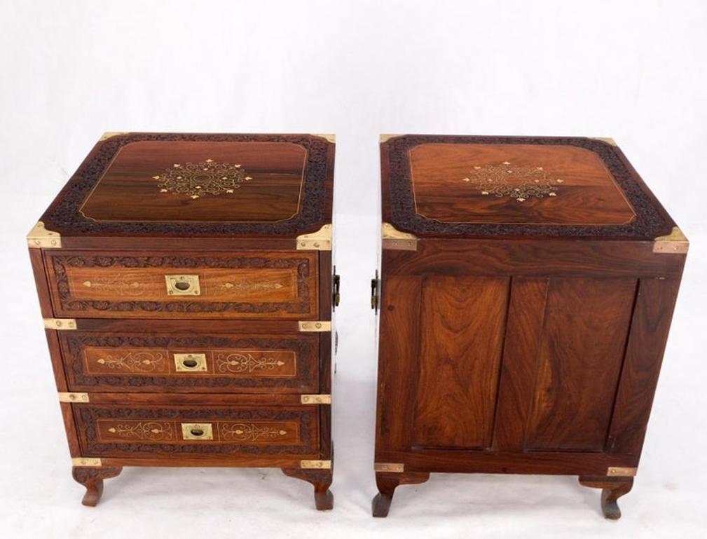 Pair 3 Drawer Solid Rosewood Campaign Style Brass Inlay Decorated Night Stands