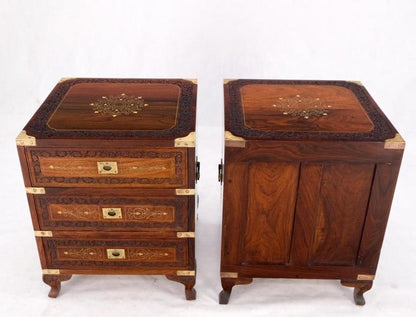 Pair 3 Drawer Solid Rosewood Campaign Style Brass Inlay Decorated Night Stands