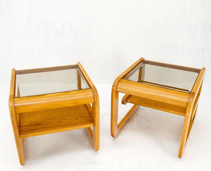 Pair of Mid-Century Solid Oak Smoked Glass Top End Side Tables W Shelves Mint!