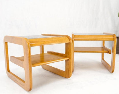 Pair of Mid-Century Solid Oak Smoked Glass Top End Side Tables W Shelves Mint!