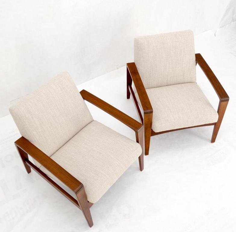 Pair Restored New Oatmeal Upholstery Teak Mid-Century Modern Lounge Arm Chairs