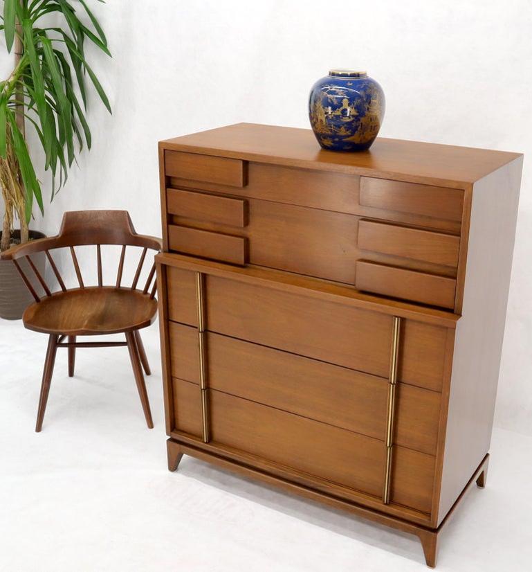 Mid-Century Modern Five Drawers High Chest Dresser with Brass Accents