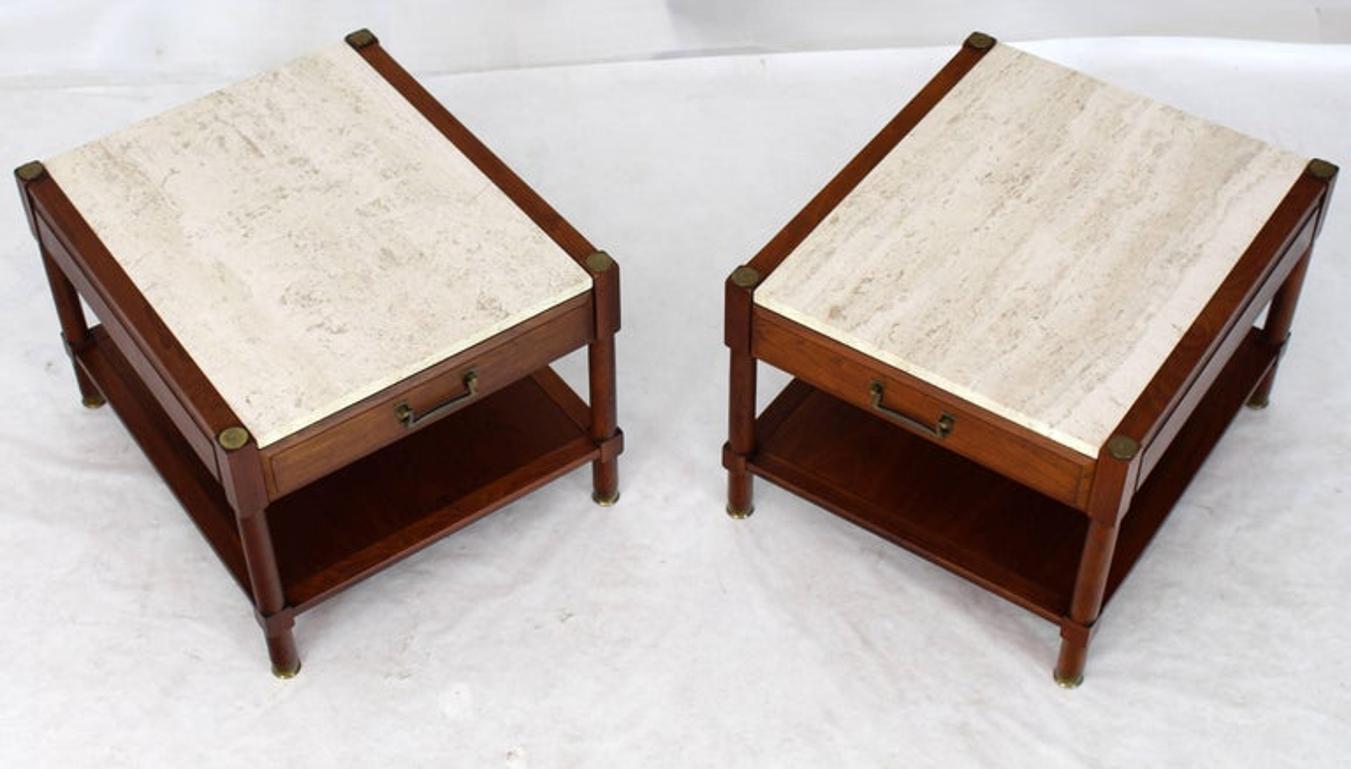 Pair of Travertine Tops One Drawer Oiled Walnut End Side Tables