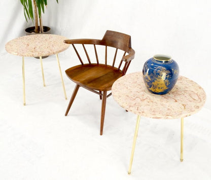 Pair Round Rouge Marble Top Tri Legged Brass Base Mid-Century Modern End Tables